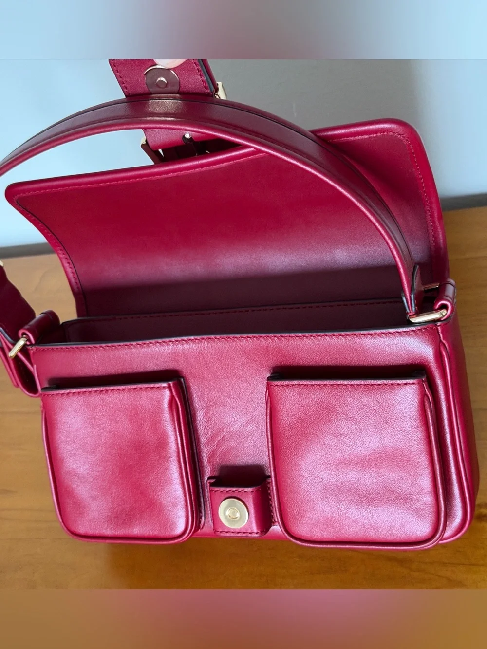 Michael Kors Colby Deep Red Leather Shoulder Bag with Gold Buckle Hardware